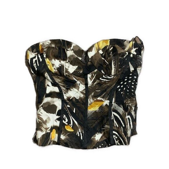 Bebe Black White Yellow Brown Feather Print Bustier Corset Strapless Tube Top Xs - Picture 1 of 4